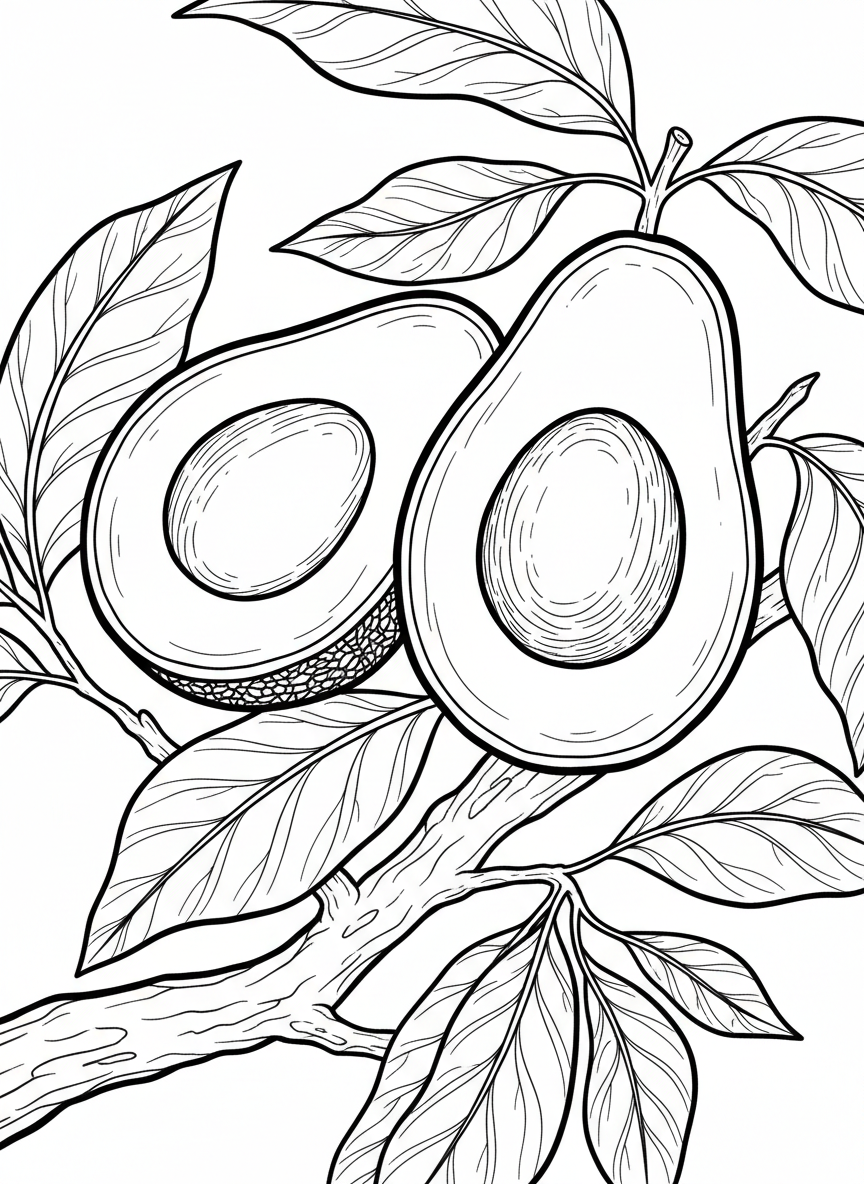 An avocado split in half with the pit visible, surrounded by leaves in a simple composition