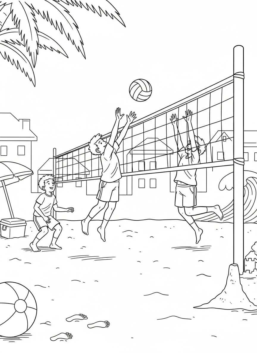Kids playing volleyball on a sandy court with a net, reaching up to hit the ball.