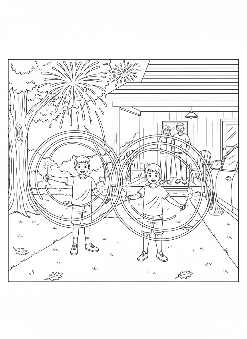 Fourth of July coloring page prompts celebrating summer patriotism, fireworks, parades, backyard traditions, and small-town American scenes.	Children lighting sparklers at dusk on a driveway, carefully tracing glowing circles in the air while parents watch nearby under softly lit porches.