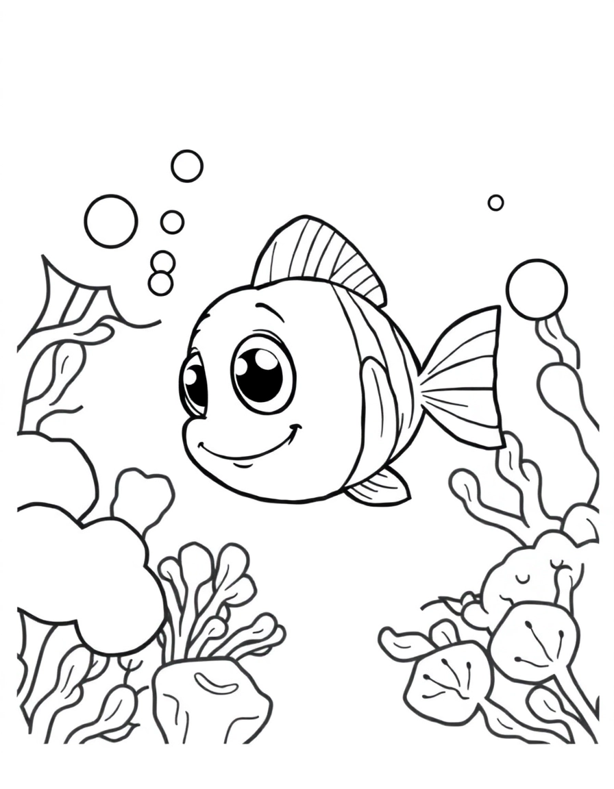A curious little fish with big eyes, swimming through coral reefs, leaving a trail of bubbles.