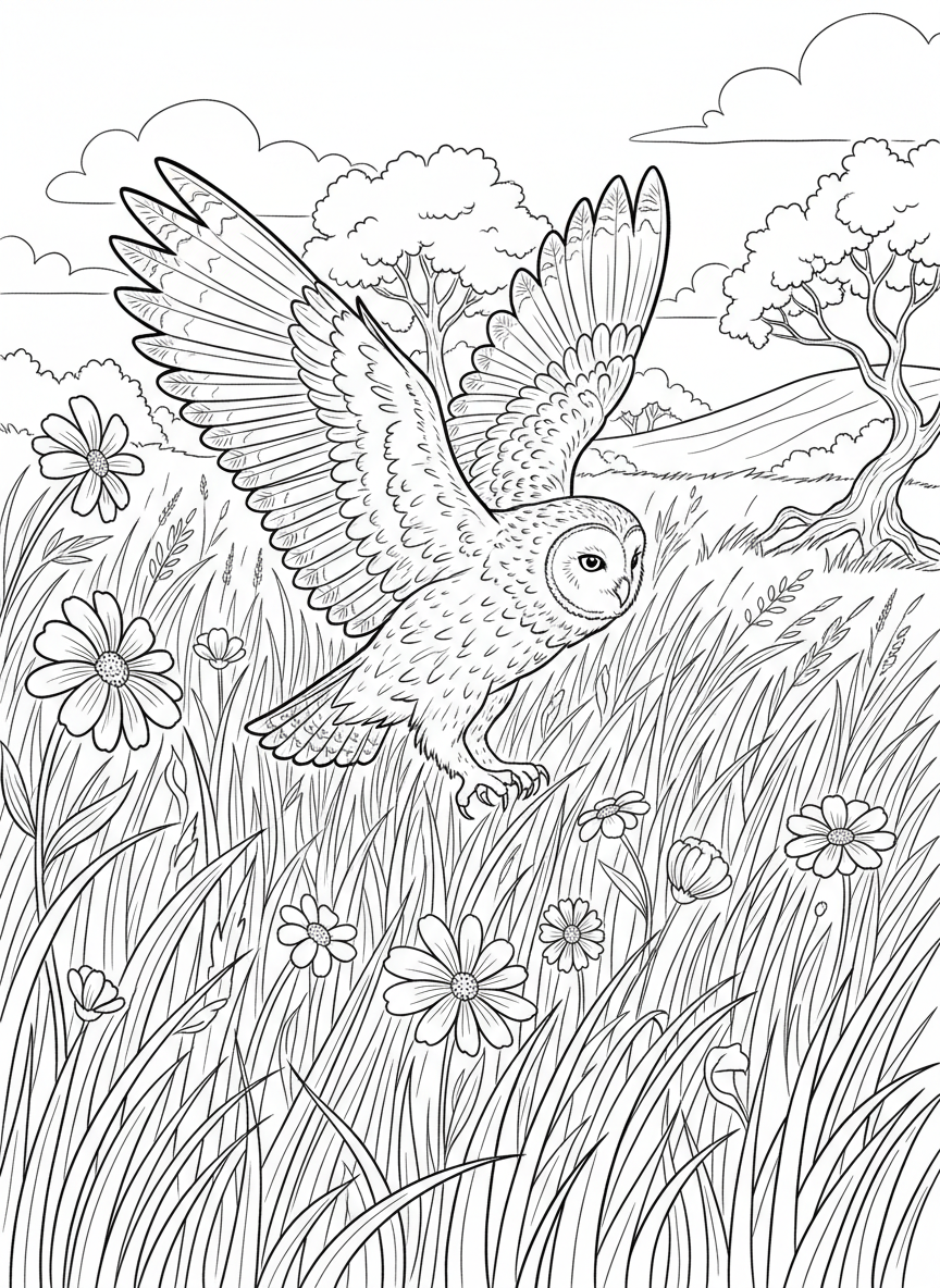 A short-eared owl hunting over a meadow filled with tall grass and wildflowers, wings positioned in hunting pose