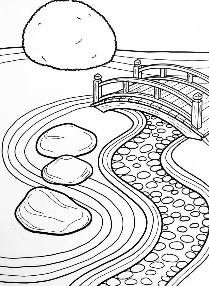A miniature zen garden with raked sand patterns, three smooth stones, and a tiny bridge over a pebble stream.