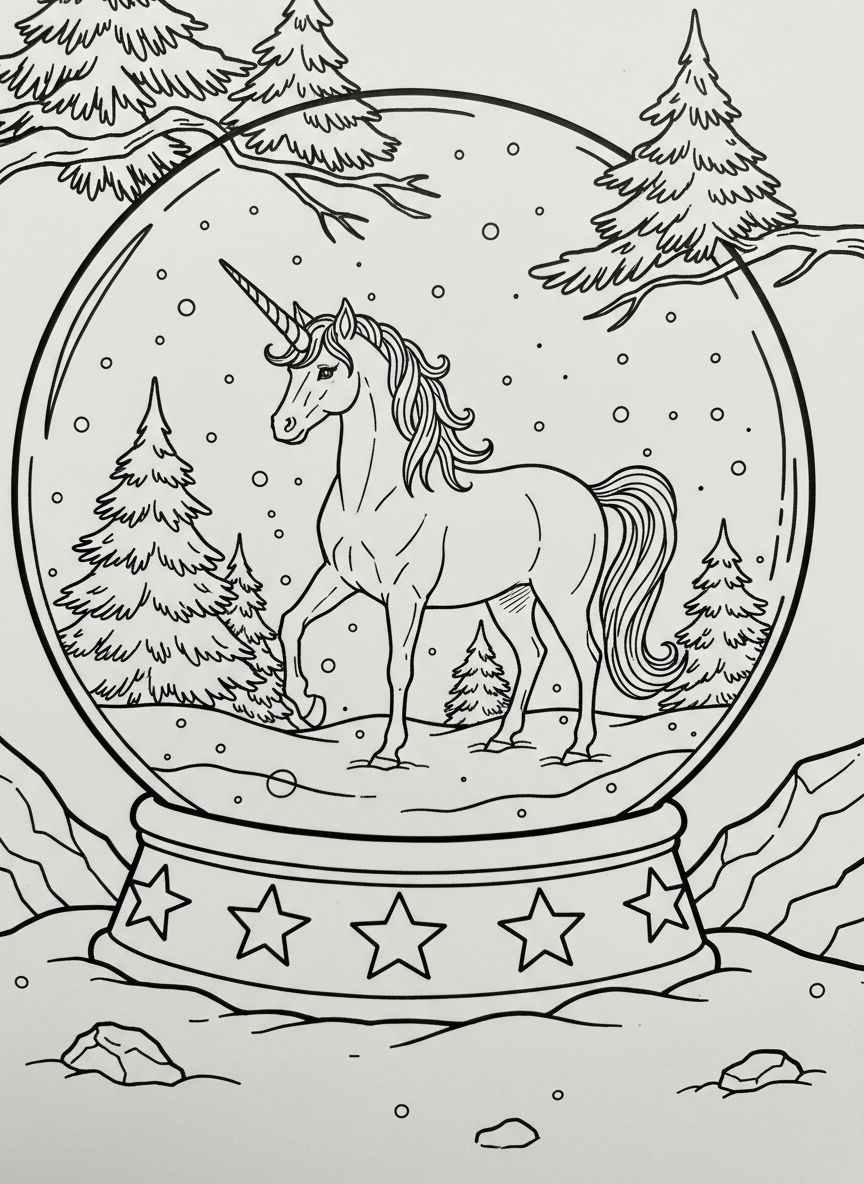 A magical snow globe with a unicorn standing in a snowy meadow, sparkles and snowflakes swirling around it, on a star-decorated base.