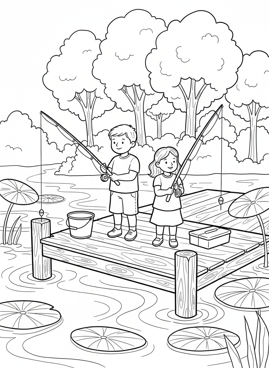Kids fishing from a wooden dock with fishing rods, a bucket, and a tackle box, lily pads in the water.