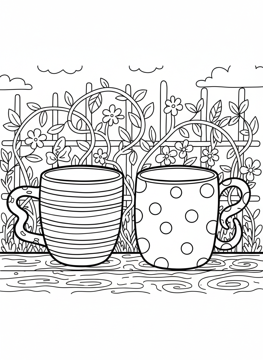 Two finished ceramic mugs with fun handle shapes, one with stripes and one with polka dots, sitting side by side.