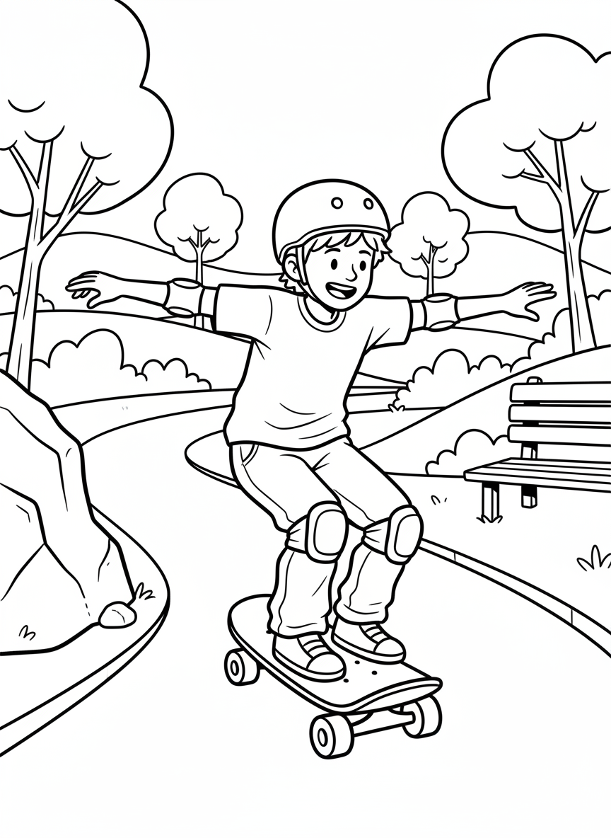 A beginner skateboarder riding down a gentle slope with arms out for balance, wearing a helmet and knee pads, smiling happily.