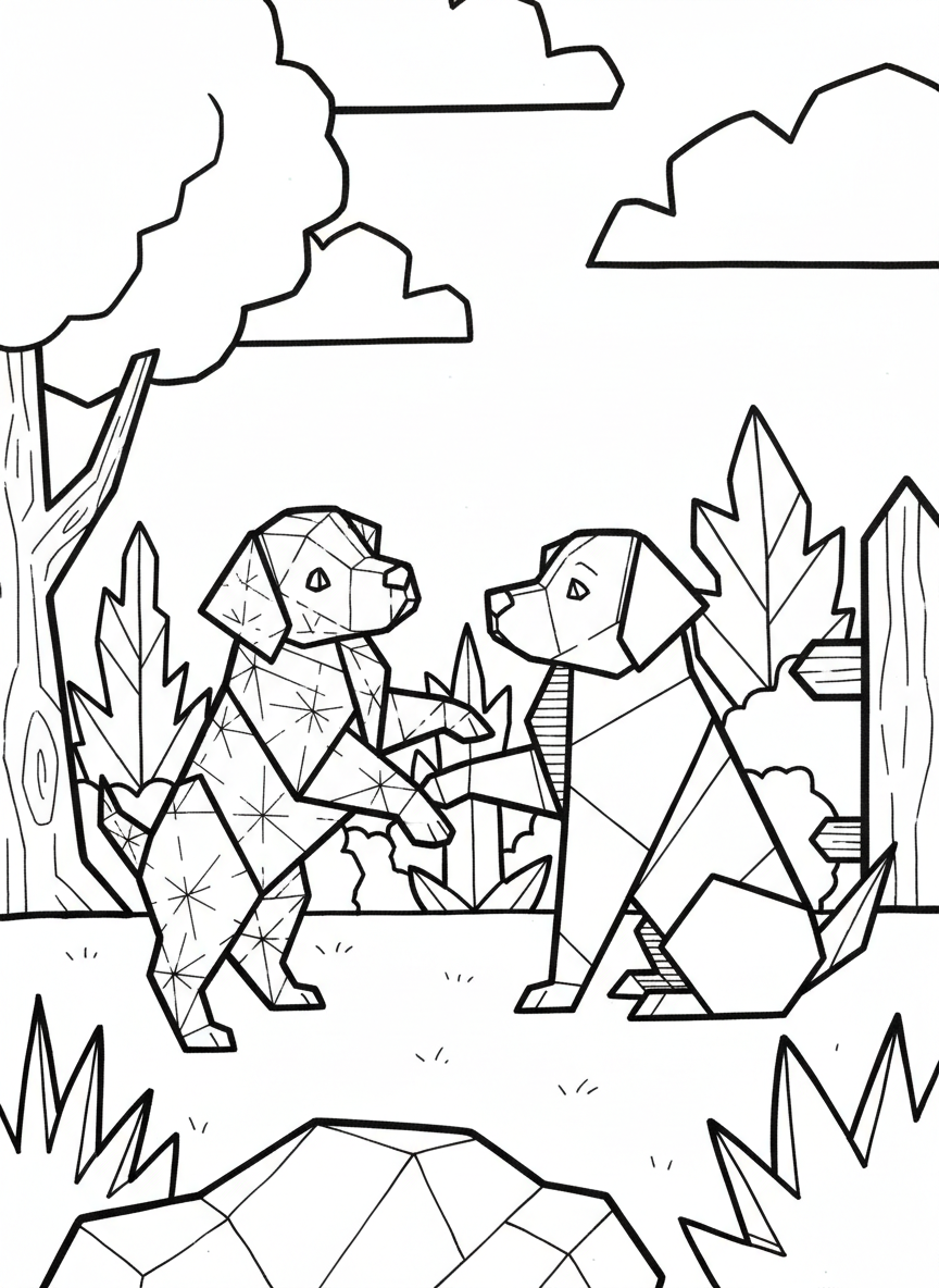 Two origami puppies playing together, one standing and one sitting, showing different paper fold patterns and geometric shapes