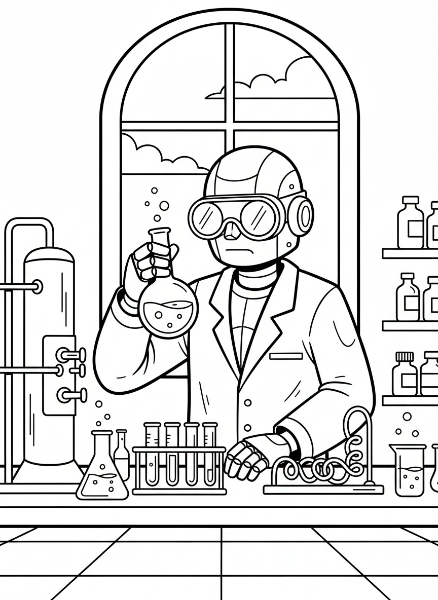 A robot scientist in a laboratory with test tubes and beakers, wearing safety goggles and examining a flask.
