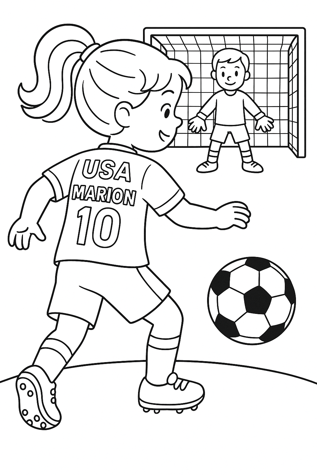 a young girl playing soccer with a USA jersey on. on the back of the jersey have the name "MARION" on the jersey. A goalie and soccer goal in the background.