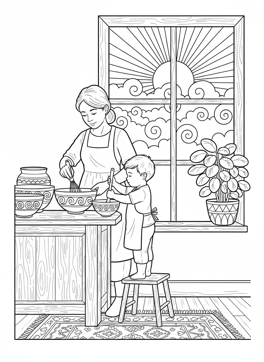 A cozy kitchen scene with a mother and child preparing Easter brunch, mixing bowls on the counter, and a window showing morning sunshine.
