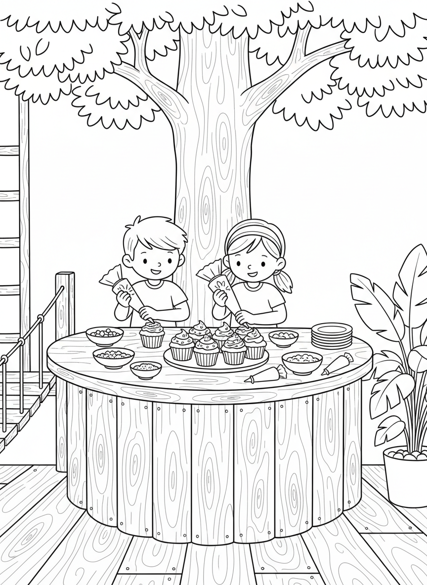 Two kids decorating cupcakes at a treehouse kitchen island, with frosting tubes and sprinkles scattered around.