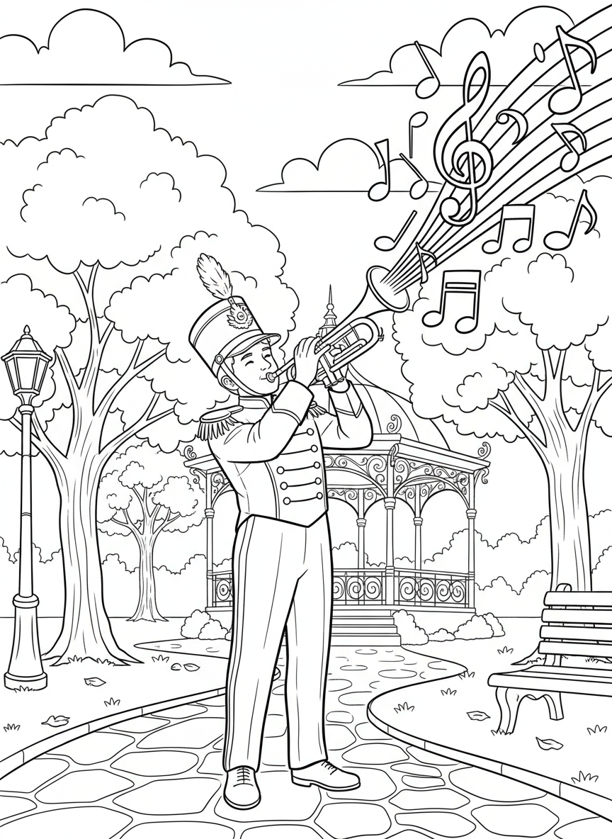 A young trumpet player in a marching band uniform, standing in playing position with musical notes floating around.