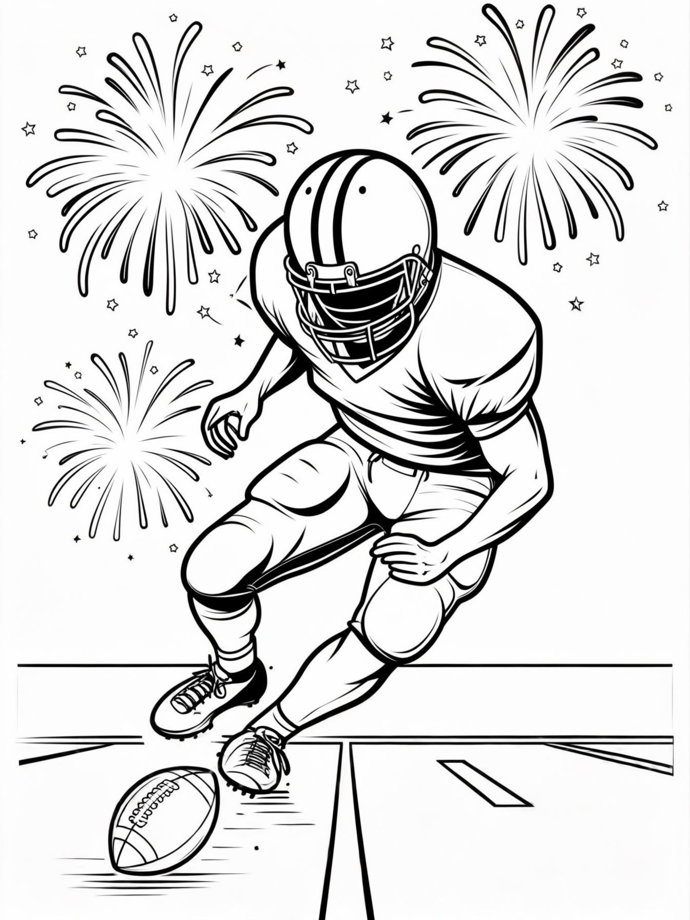 american football: The Touchdown: A player (face covered by helmet visor) spiking the ball in the end zone with fireworks going off behind.