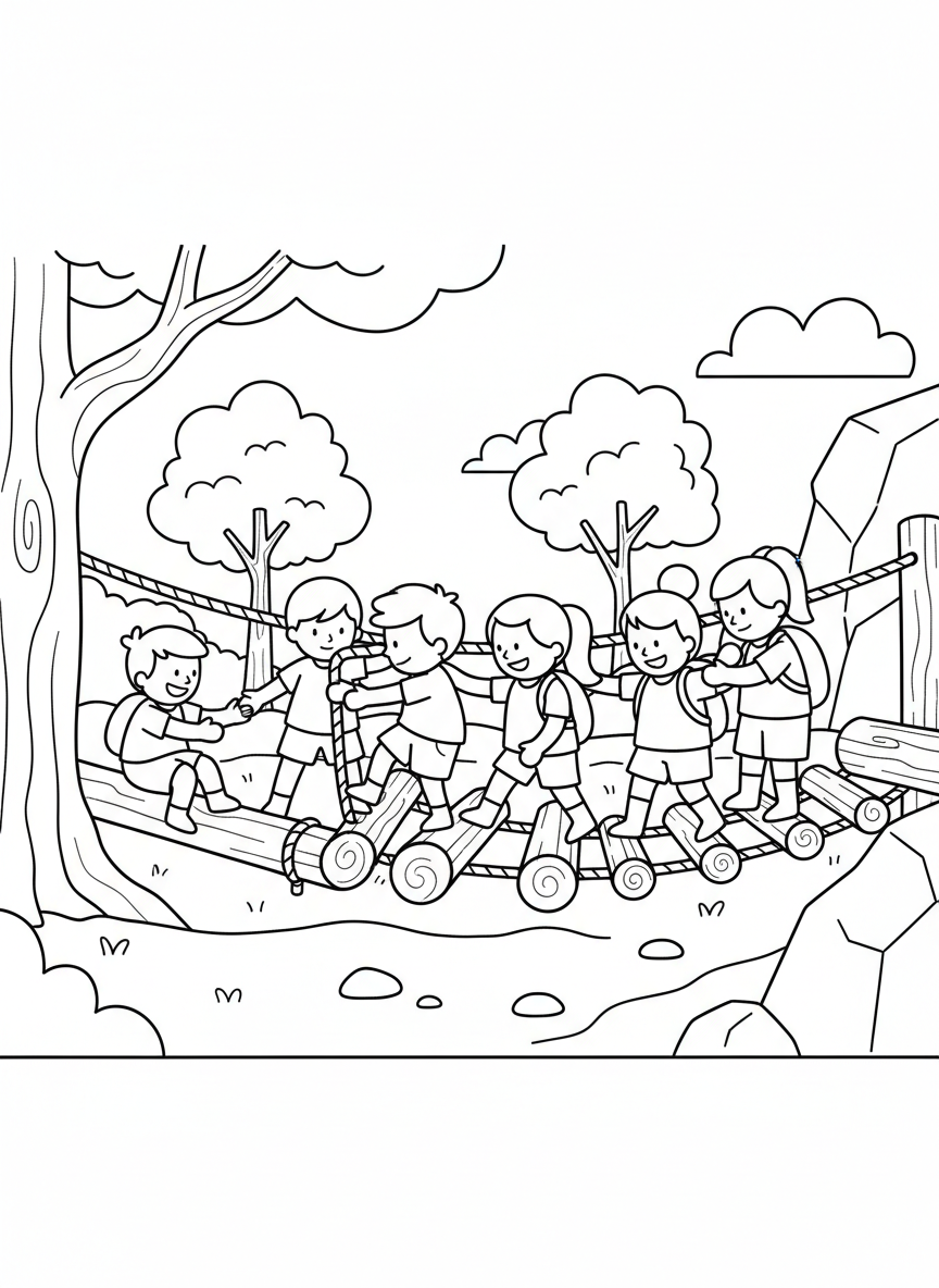 Children doing team-building activities on a low ropes course, balancing on logs and helping each other.