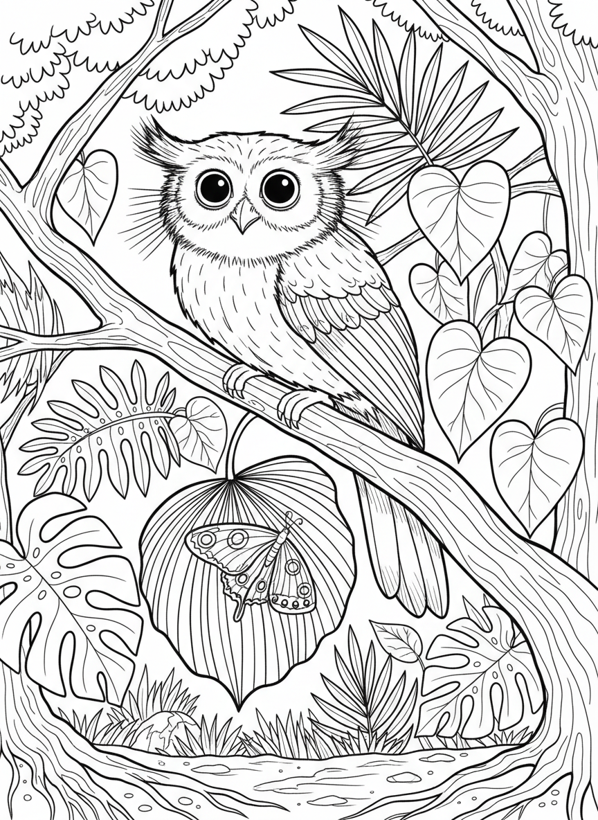 A whiskered owlet-nightjar perched on a tropical branch with exotic leaves and a sleeping butterfly nearby