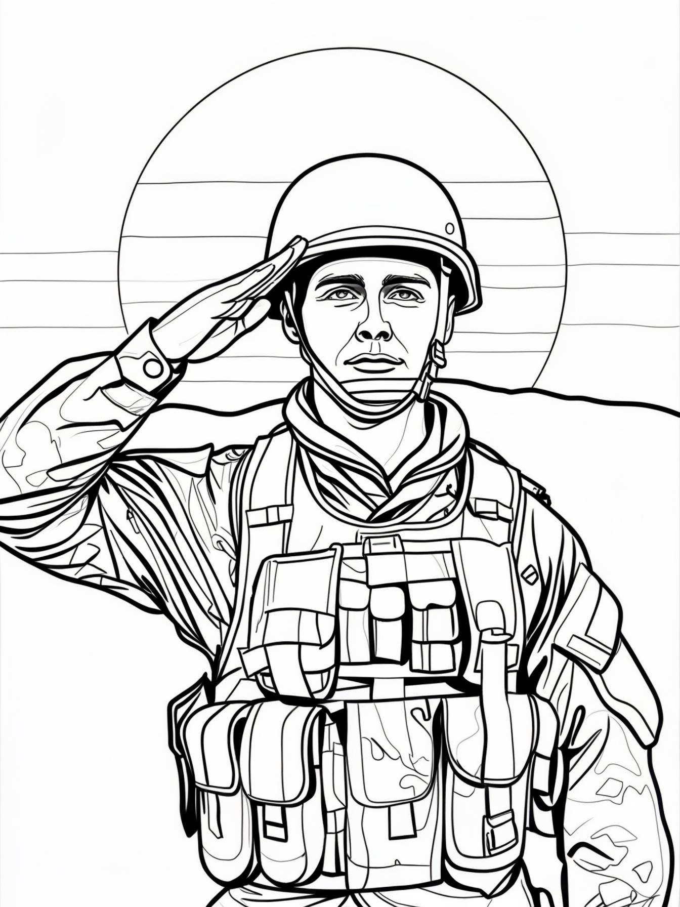 Soldier's Silhouette: The clean, strong silhouette of a soldier saluting. The background is a simple sunrise, symbolizing a new day of peace.