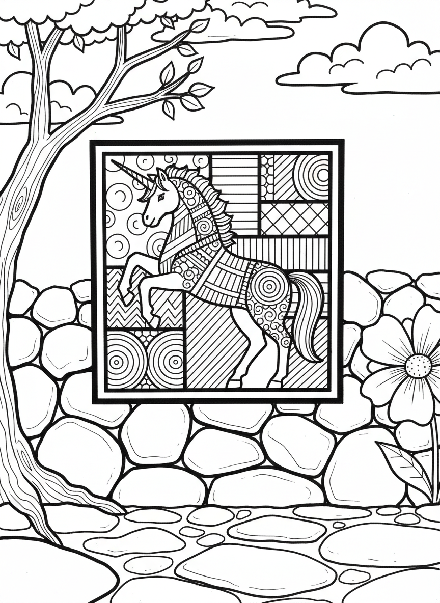 A decorative unicorn tile with mosaic-style pattern sections, square frame, suitable for wall hanging
