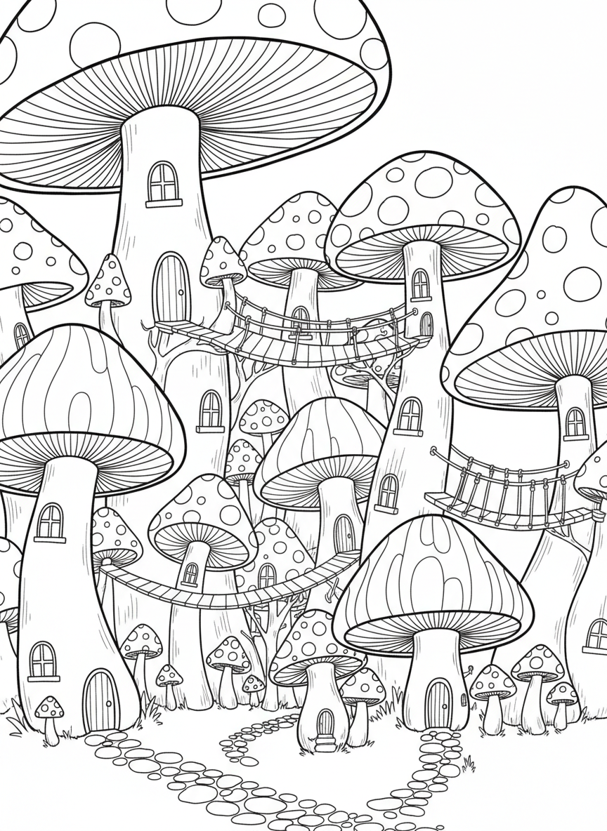 Multiple whimsical toadstools of varying heights growing together, some with polka dots, some with stripes, creating a mushroom village scene.