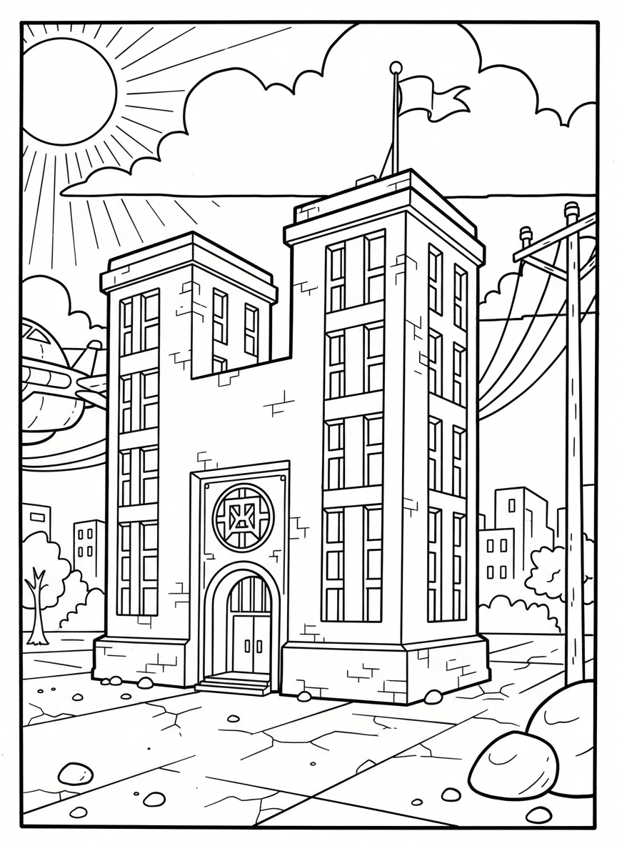 A superhero headquarters building shaped like a giant letter H, flag on top, simple architectural details and entrance