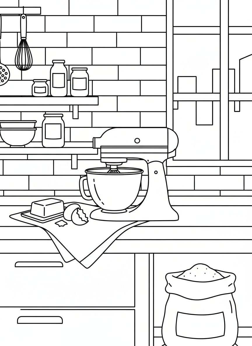 A bakery kitchen scene with hanging utensils, a stand mixer, and ingredients like eggs and butter on the counter