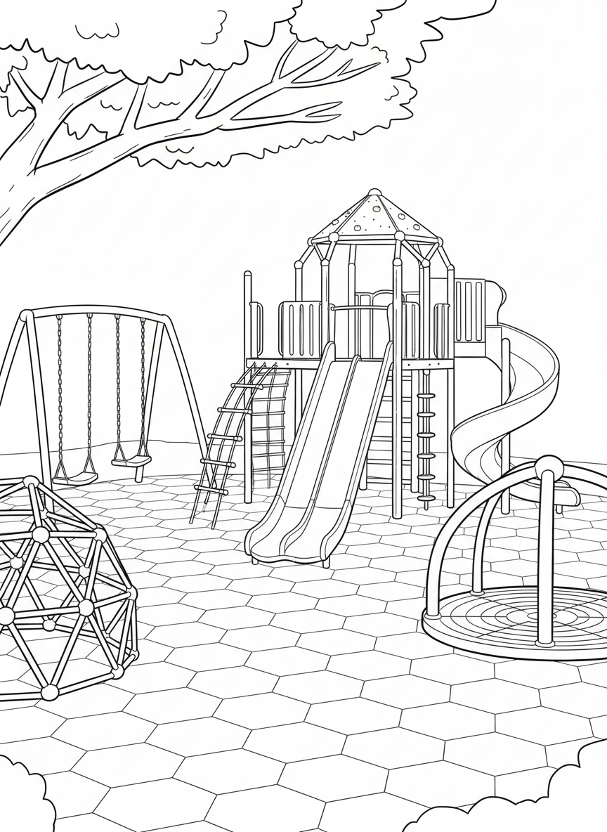 A colorful playground with multiple equipment including swings, slide, and climbing dome all in one scene, detailed for older kids