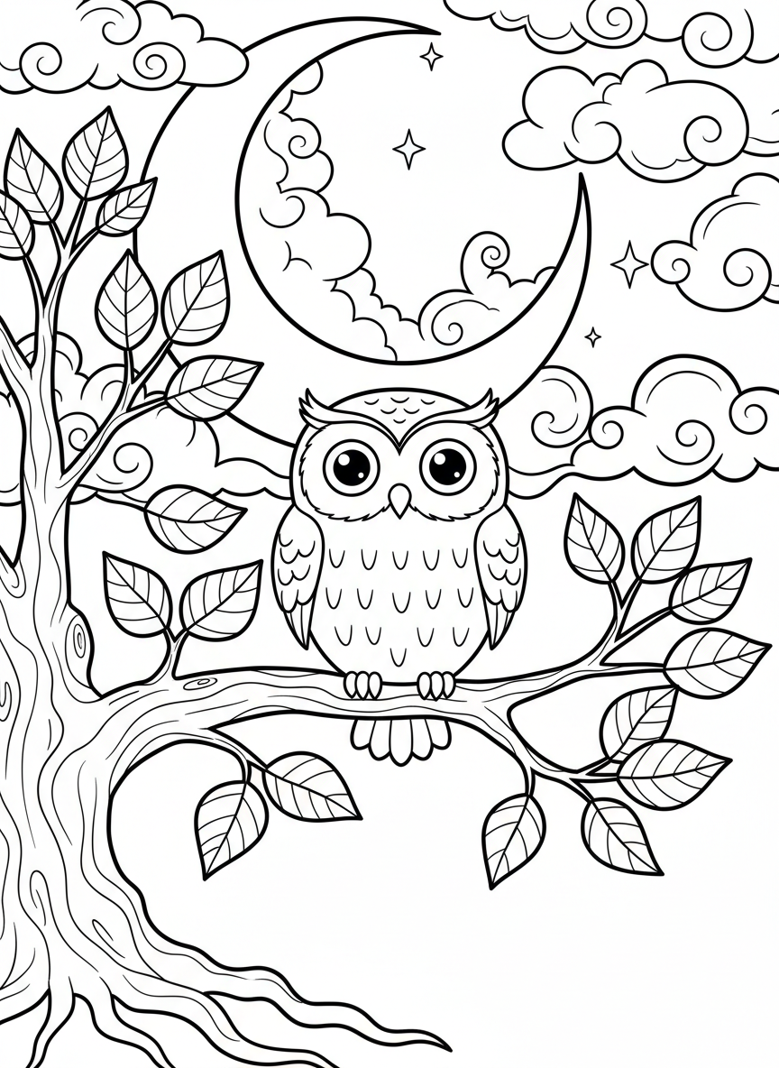 A cute owl sitting on a branch with leaves and a crescent moon in the background, nighttime scene