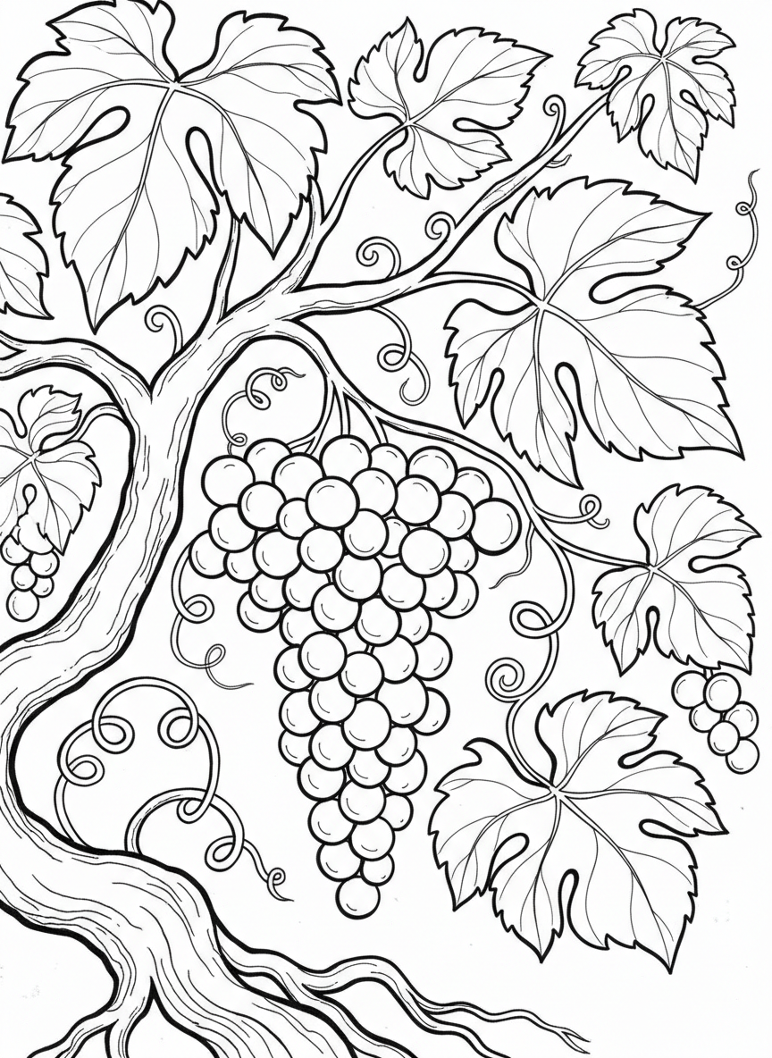 A bunch of grapes hanging from a vine with curling tendrils and large leaves, detailed botanical style