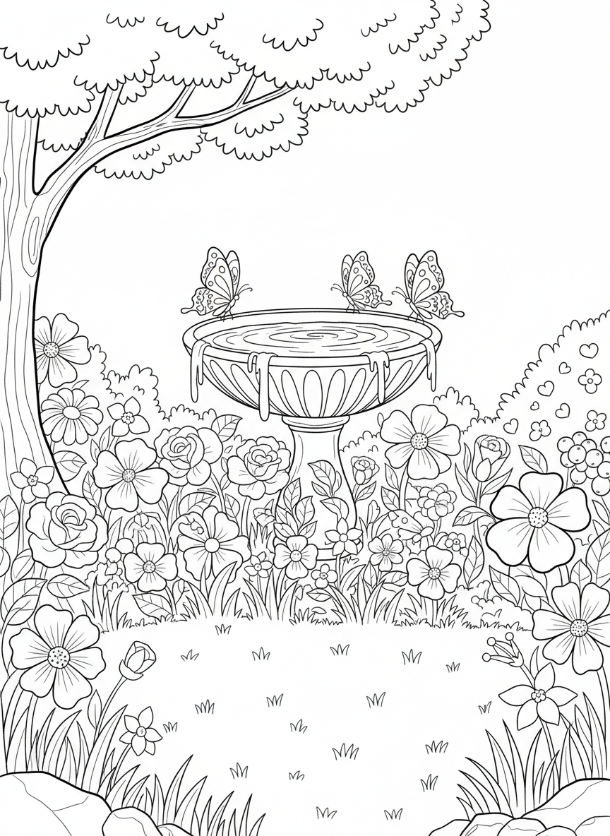 Garden scene with a birdbath, three butterflies drinking water, and surrounding flower beds with various blooms and grass.