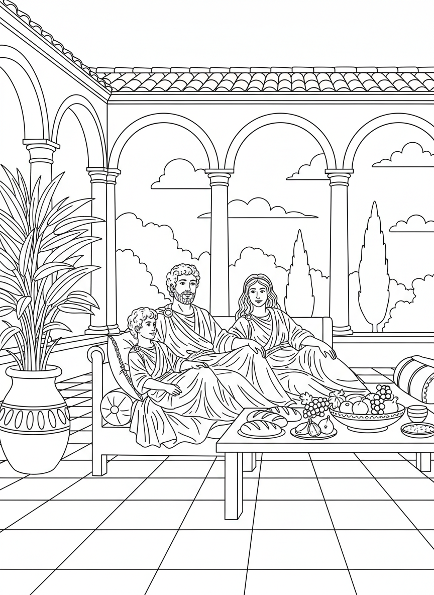 A Roman family dining scene in a villa courtyard, reclining on couches around a low table filled with fruit and bread.