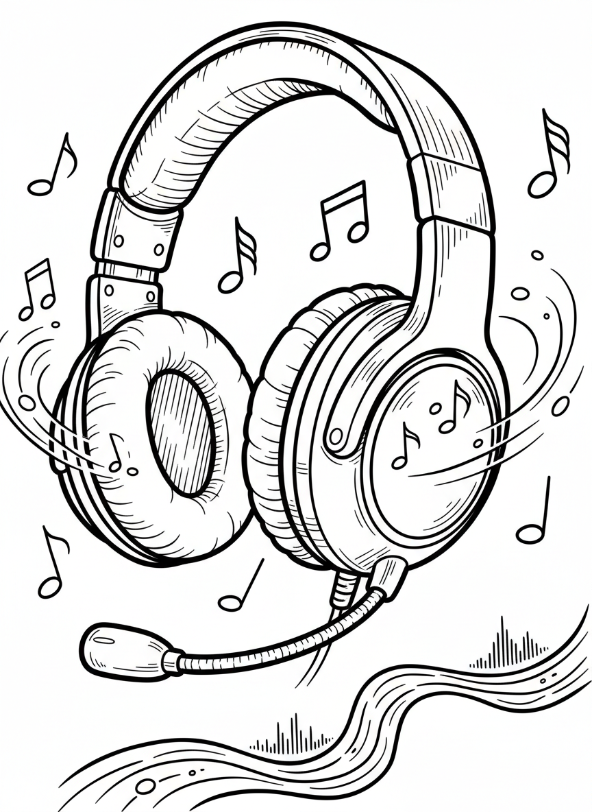 A gaming headset with a microphone boom, musical notes floating around it, and soft cushioned ear cups outlined clearly for coloring.