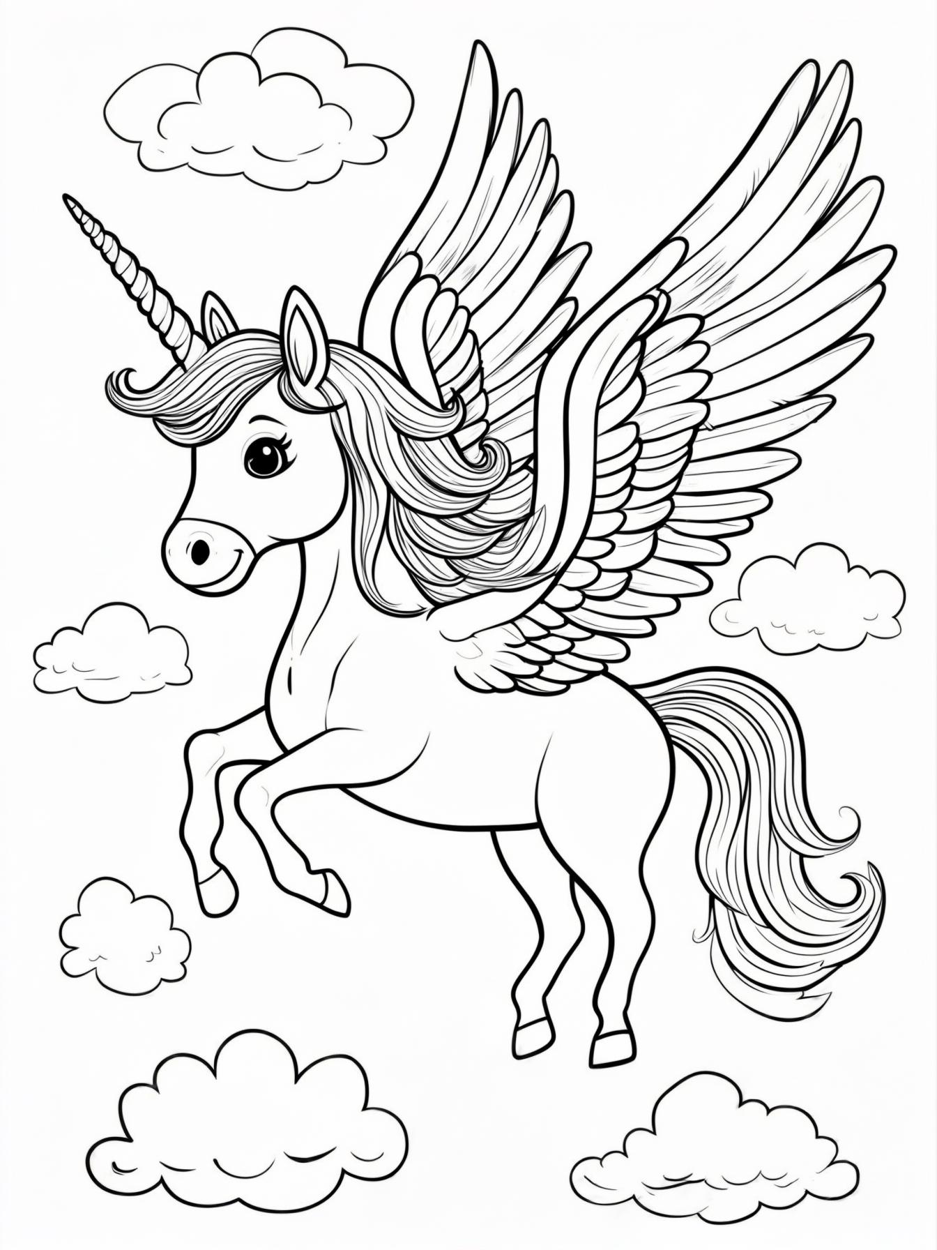 A "pegacorn" (a unicorn with large, feathery wings) soaring happily through fluffy, cartoon-style clouds.