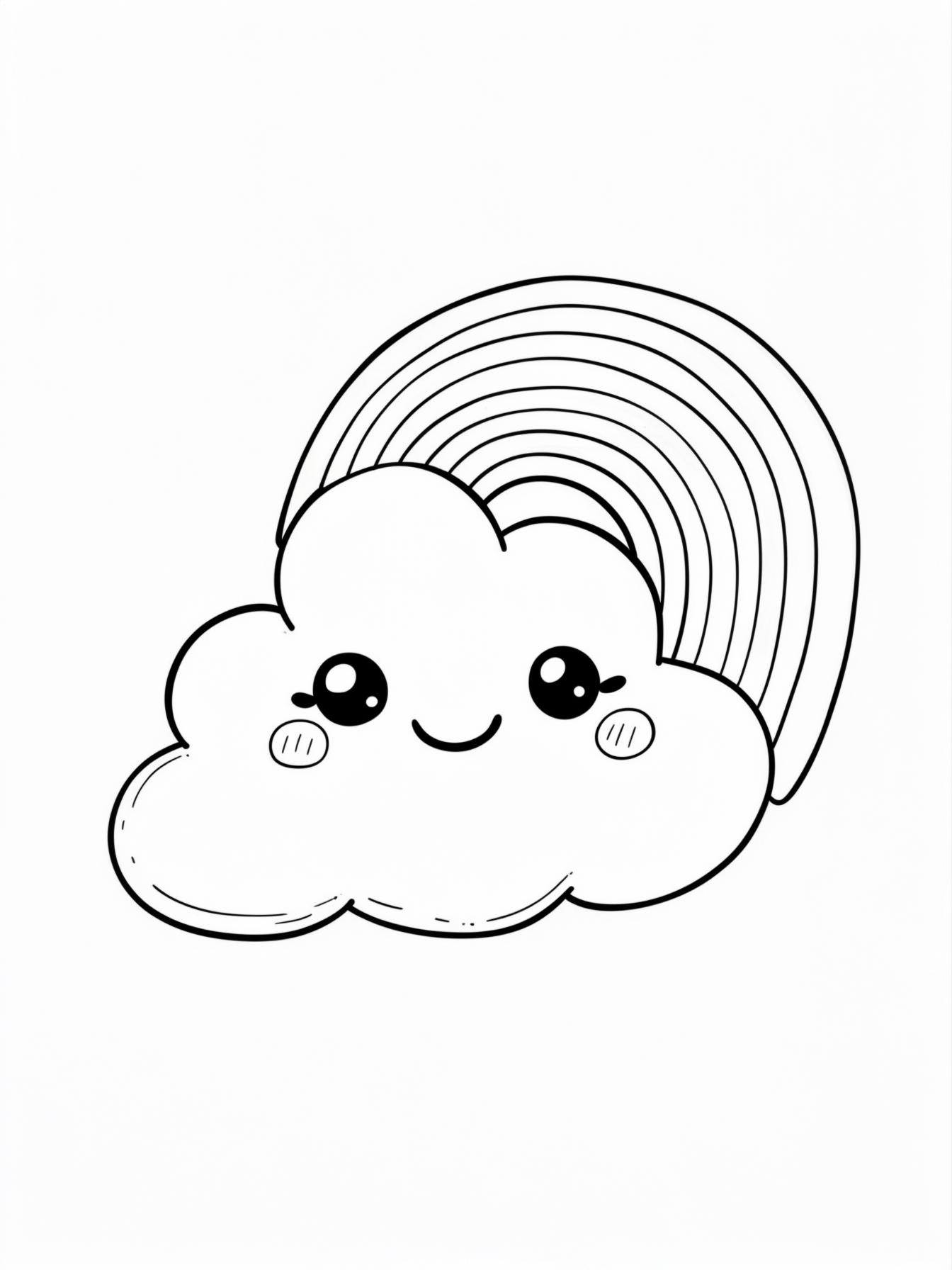 Cloud & Rainbow: A happy, chubby cloud blushing pink (cheeks marked) with a small pastel rainbow coming out of it.