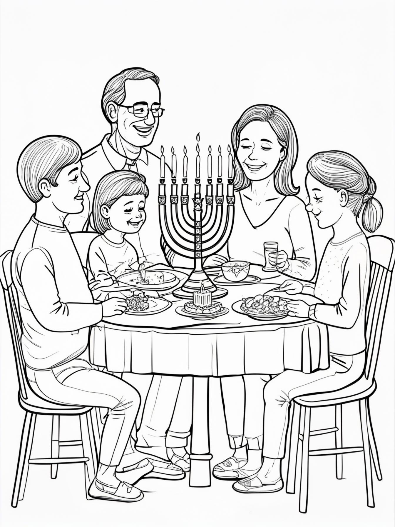 Family Celebration: A simple, cozy scene of a family gathered around a table, with the glow of the menorah lighting their faces.