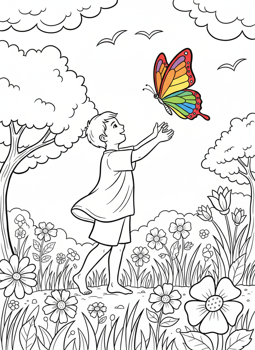 A child releasing a colorful butterfly into the sky, symbolizing freedom, with flowers and grass below
