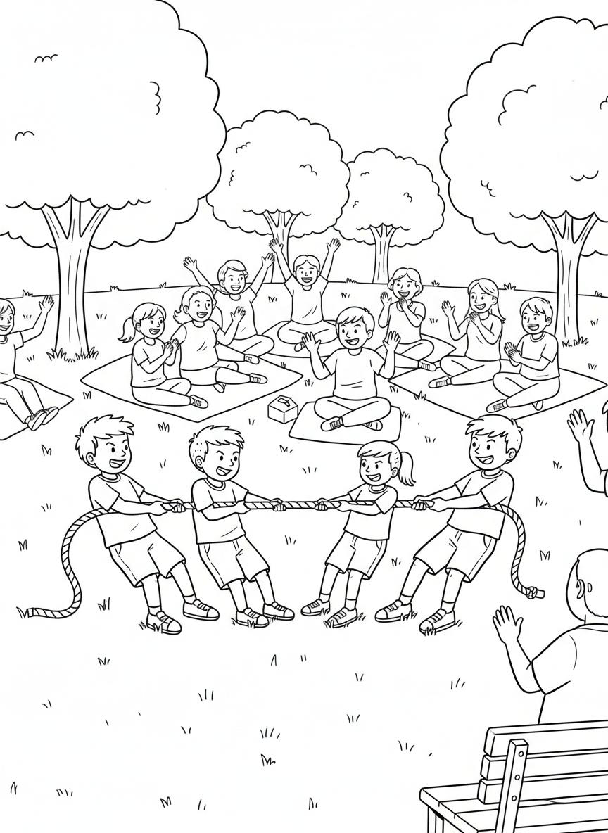 Kids playing tug-of-war on grass at a community picnic, with spectators cheering from blankets nearby.