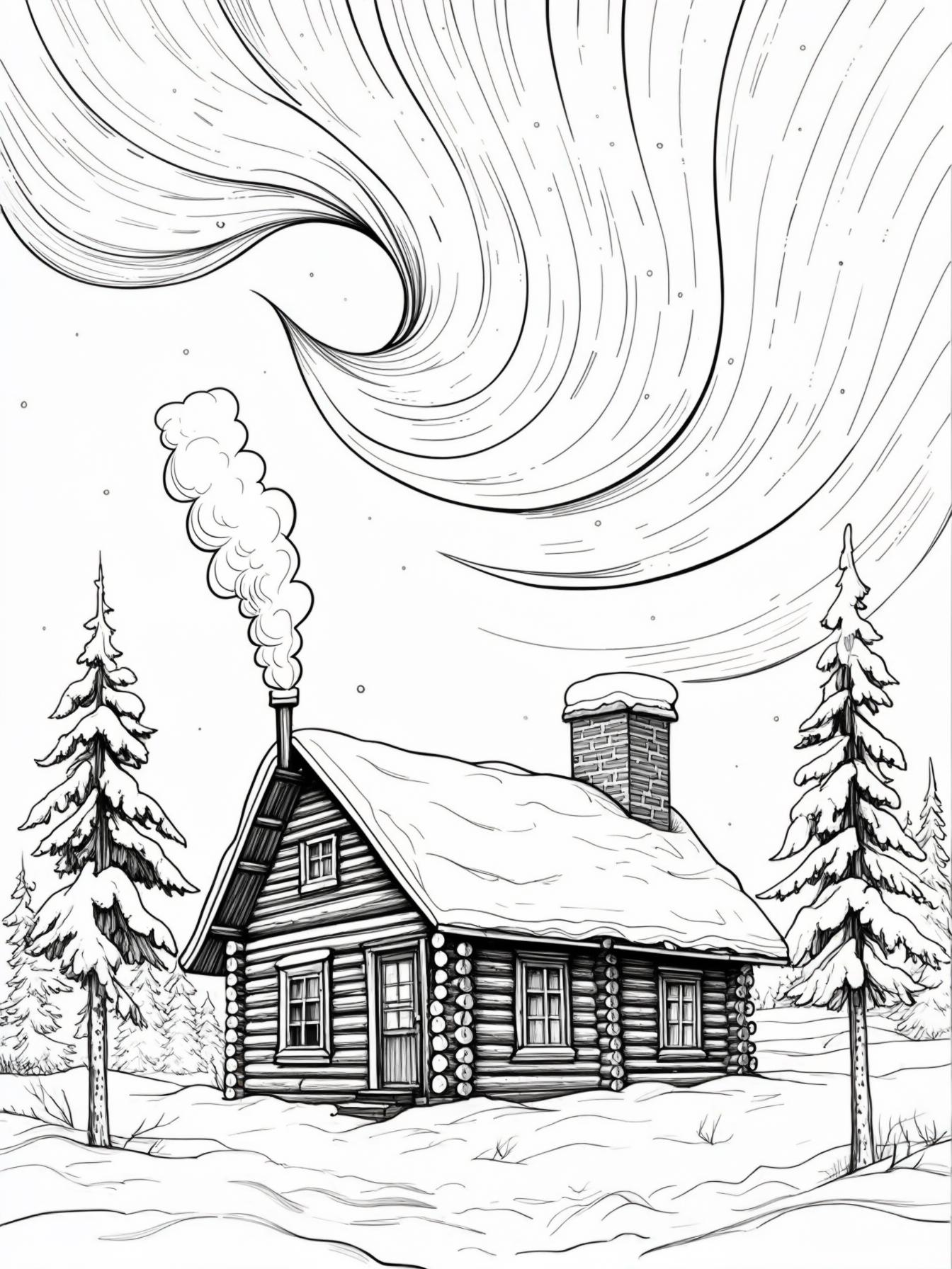 A small, rustic cabin nestled in a snowy landscape. In the night sky above, the swirling, flowing patterns of the Northern Lights are visible, ready for vibrant colors.