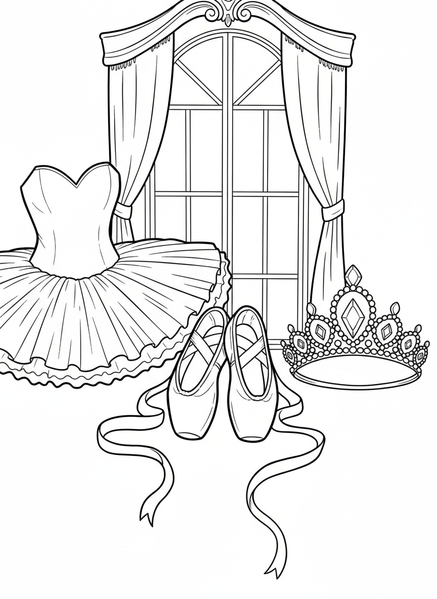 A simple scene of ballet slippers, a tutu, and a tiara arranged together, perfect for younger children.