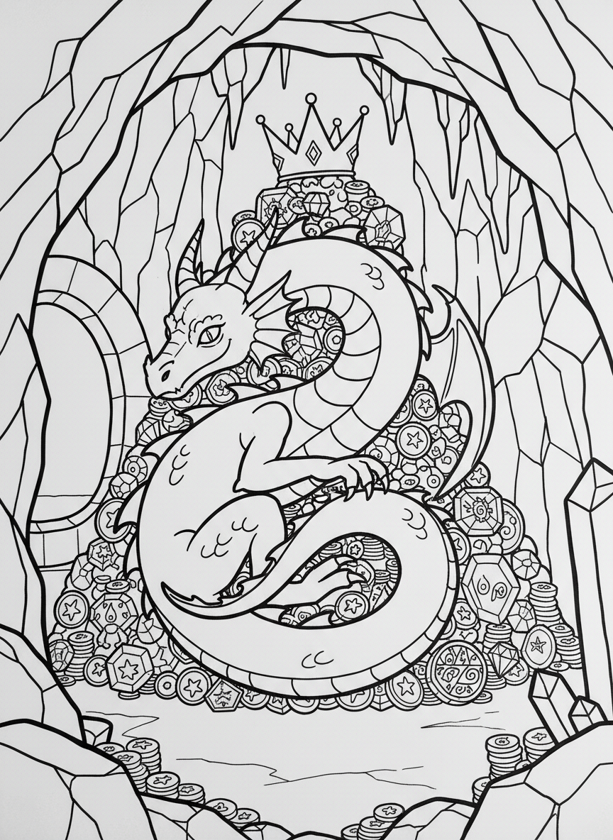 A dragon curled protectively around a mountain of treasure including coins, jewels, and a golden crown in its cave
