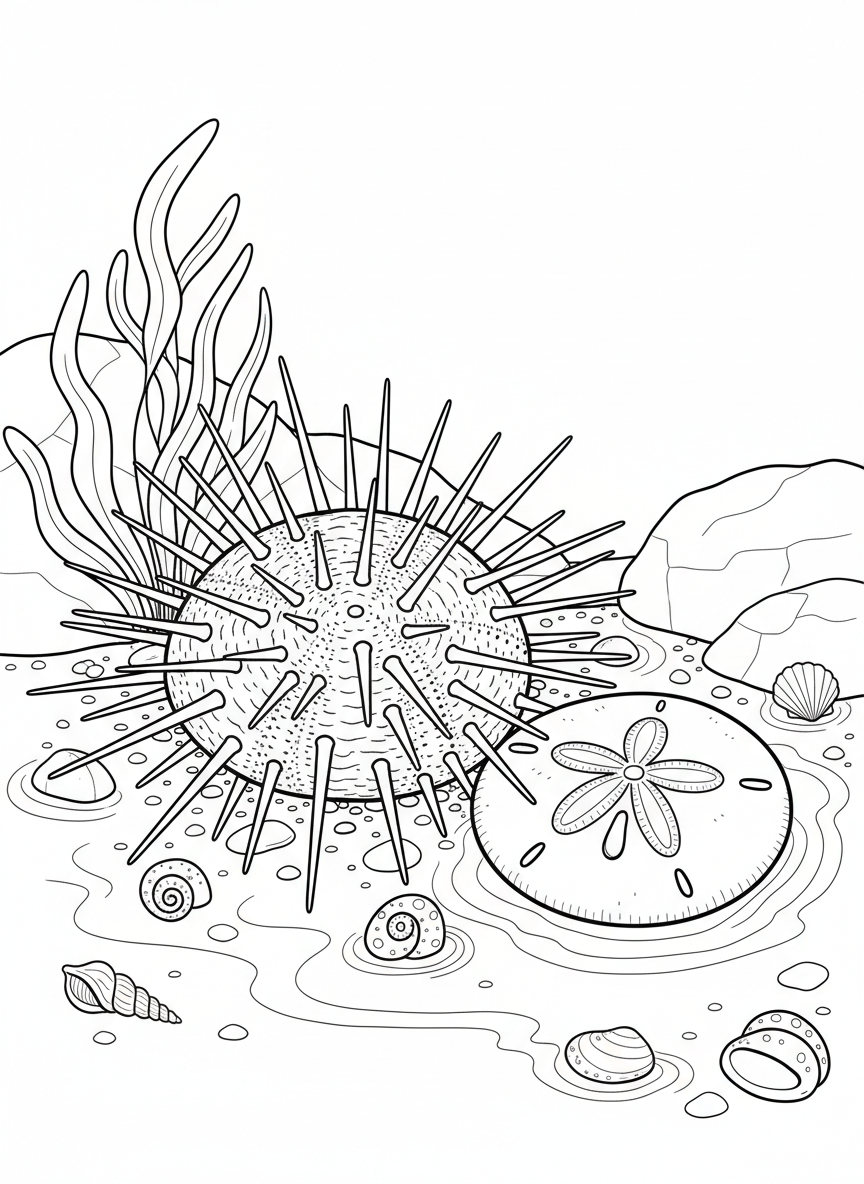 A spiny sea urchin next to a smooth sand dollar on the tide pool floor with tiny shells scattered around