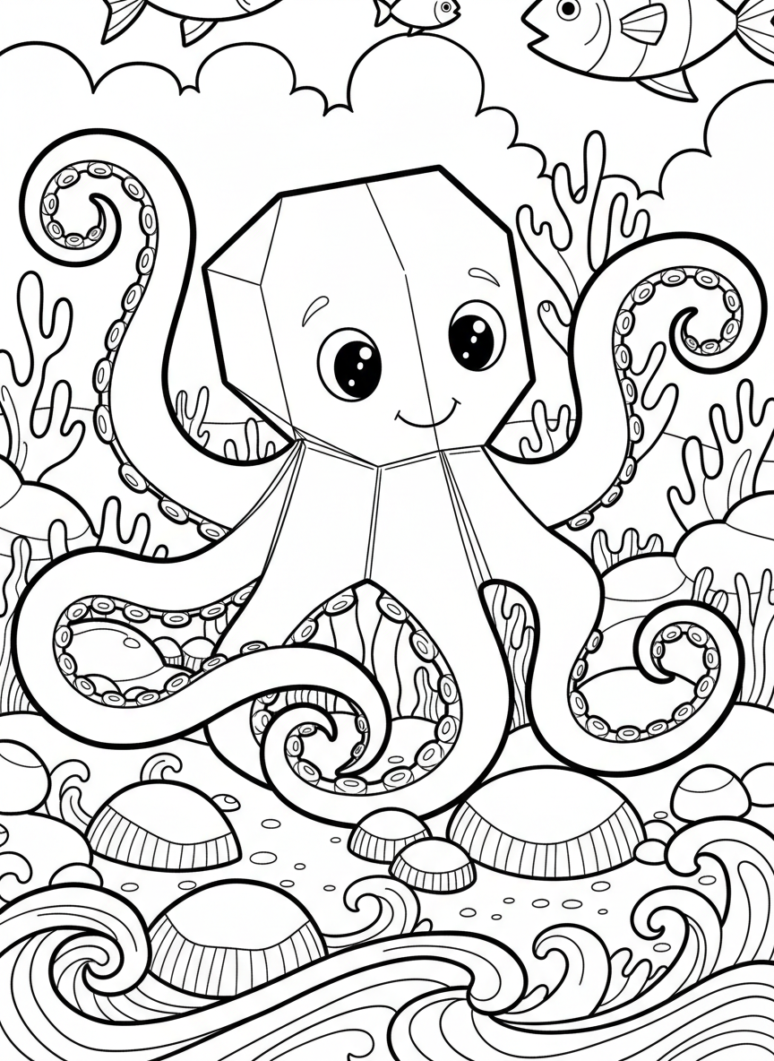 A playful origami octopus with eight accordion-folded tentacles curling in different directions, large friendly eyes, simple geometric head shape