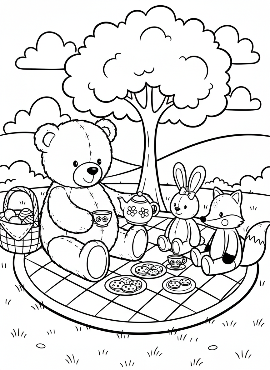 A teddy bear having a pretend tea party picnic with toy cups, plates, and stuffed animal friends on a small blanket.