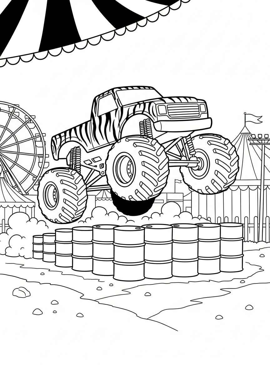 Monster truck with tiger stripe design jumping over a row of barrels at a fairground