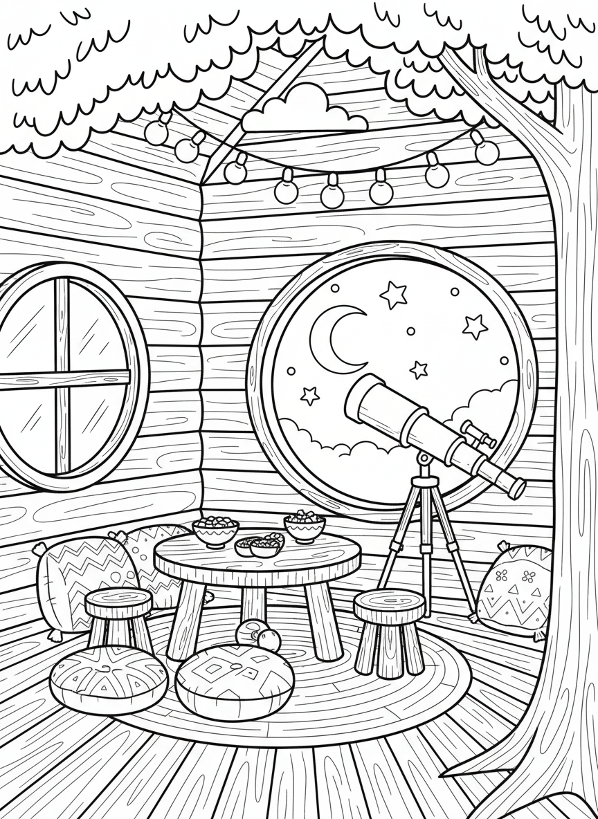 A cozy treehouse interior showing a small table, cushions, and a telescope pointing out the window toward the stars