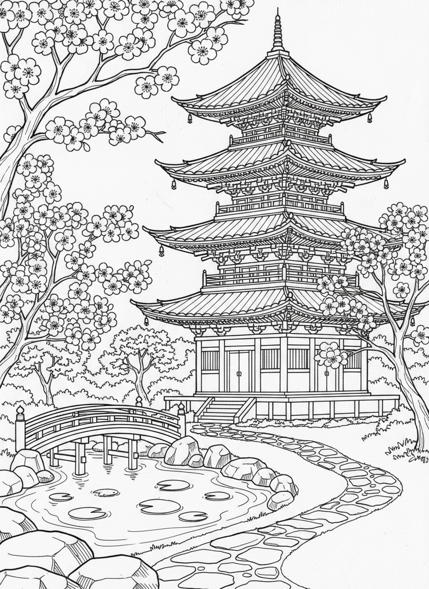 A Japanese pagoda temple with multiple tiers and curved roofs, cherry blossom trees beside it, peaceful garden setting.