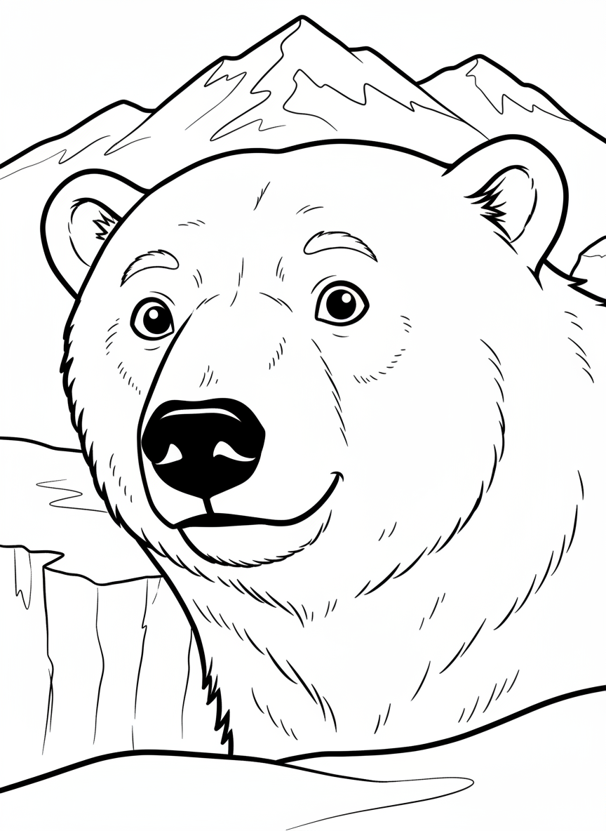 A close-up portrait of a polar bear's face with detailed features, fur texture, black nose, and kind eyes for older children