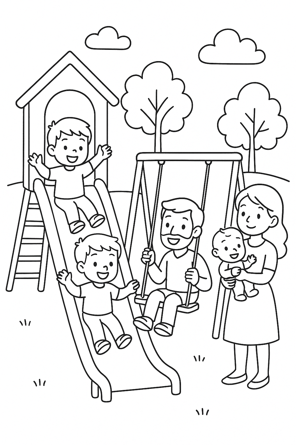 Family of five at a playground: the two older boys going down a slide, dad pushing a swing, and mom holding the baby boy.
