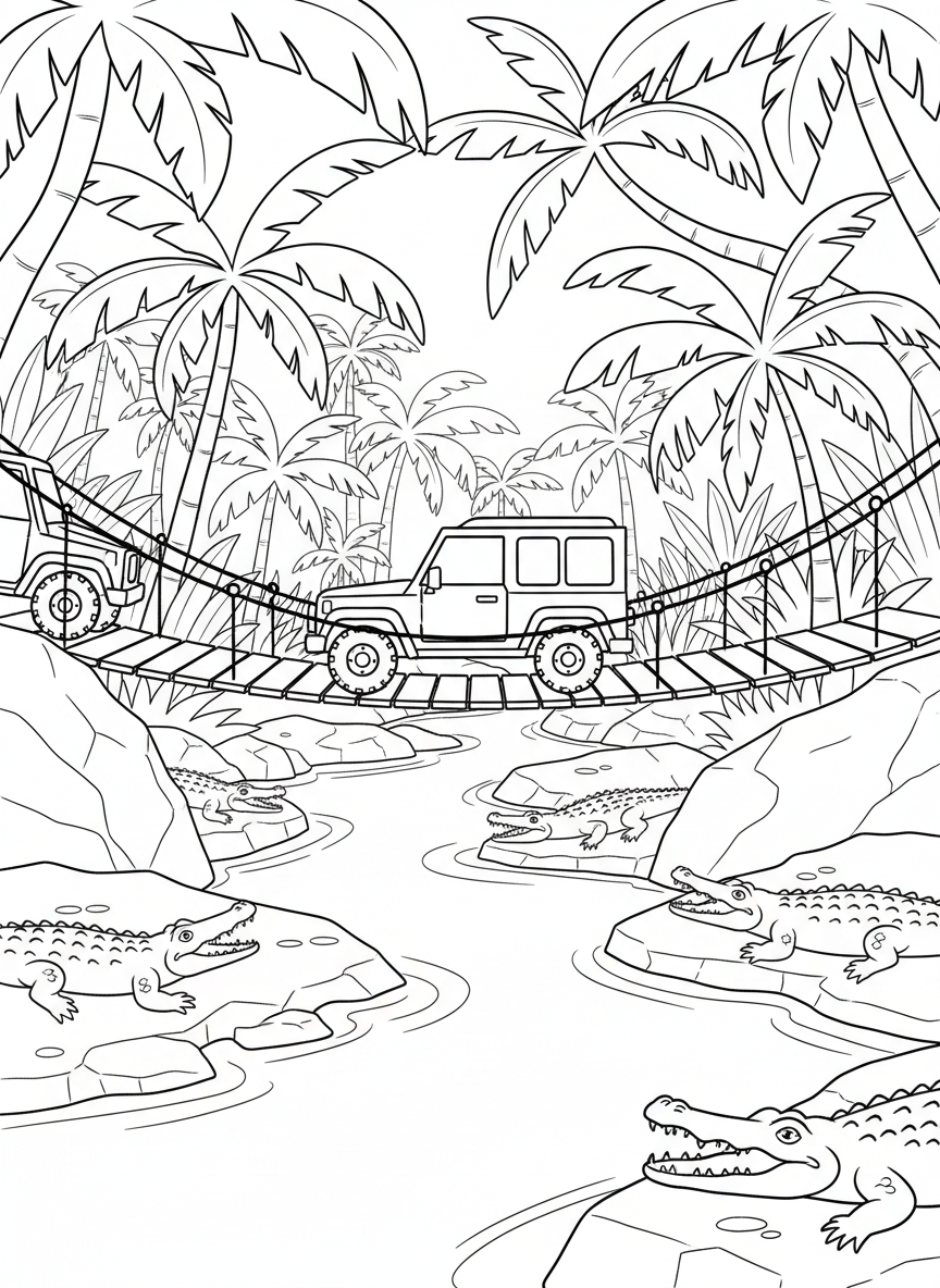 Wide jungle scene showing a safari jeep crossing a wooden bridge over a river with crocodiles sunbathing below.