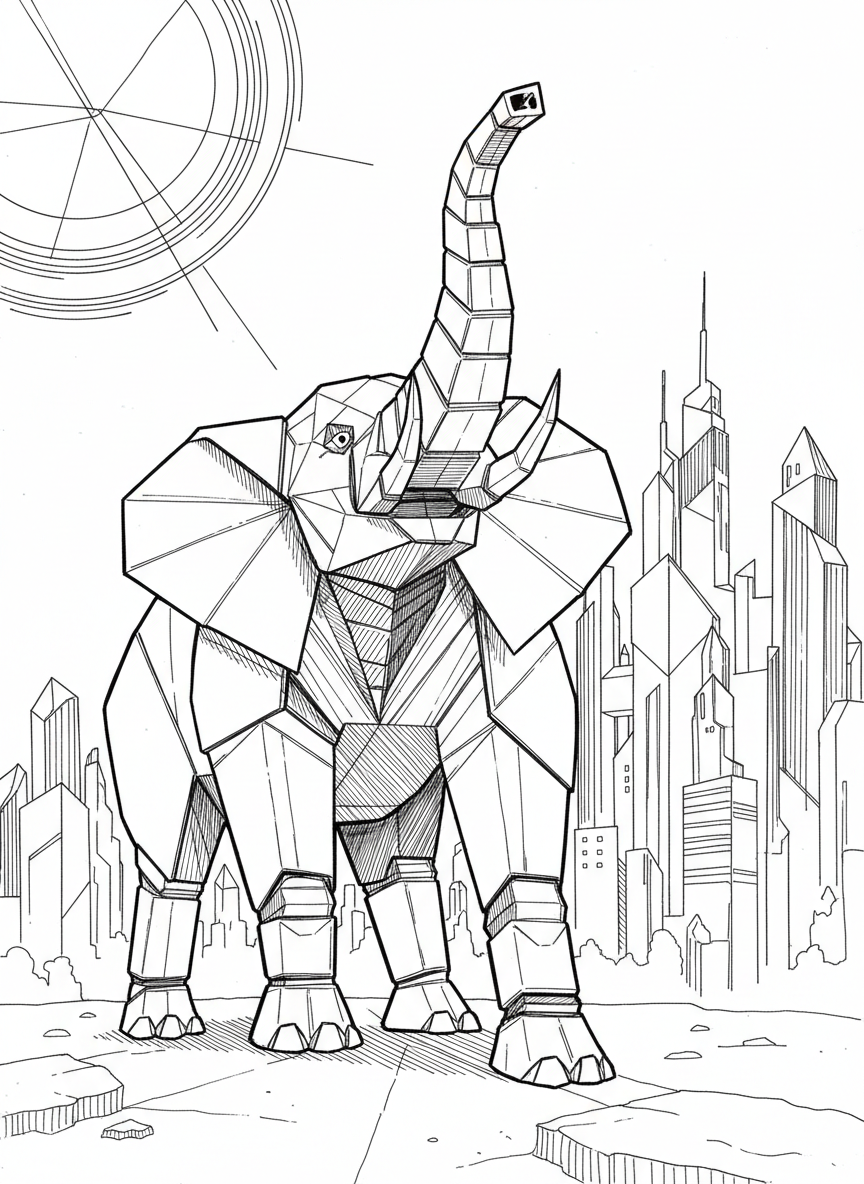 An origami elephant robot with geometric trunk, angular ears, and folded paper legs in a standing pose