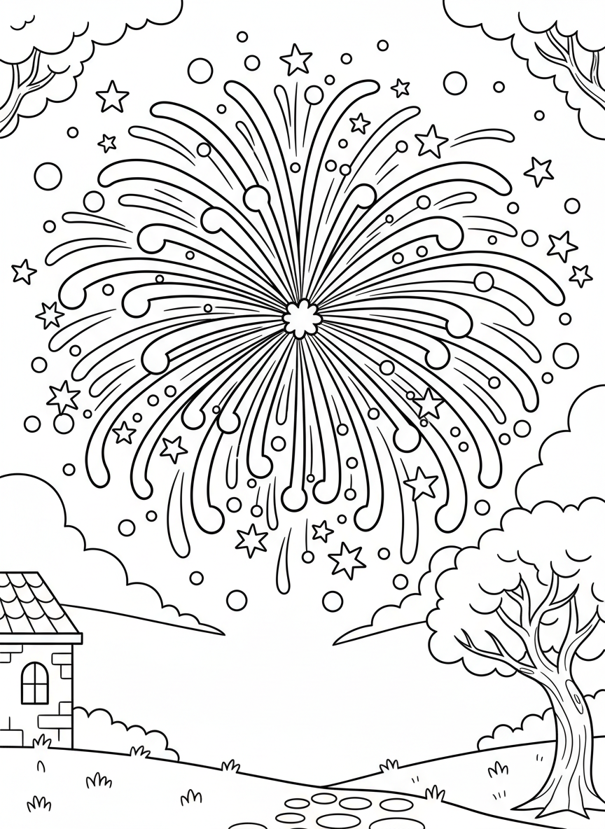 A large starburst firework exploding in the night sky with radiating lines and sparkles, simple and bold design perfect for young children to color.