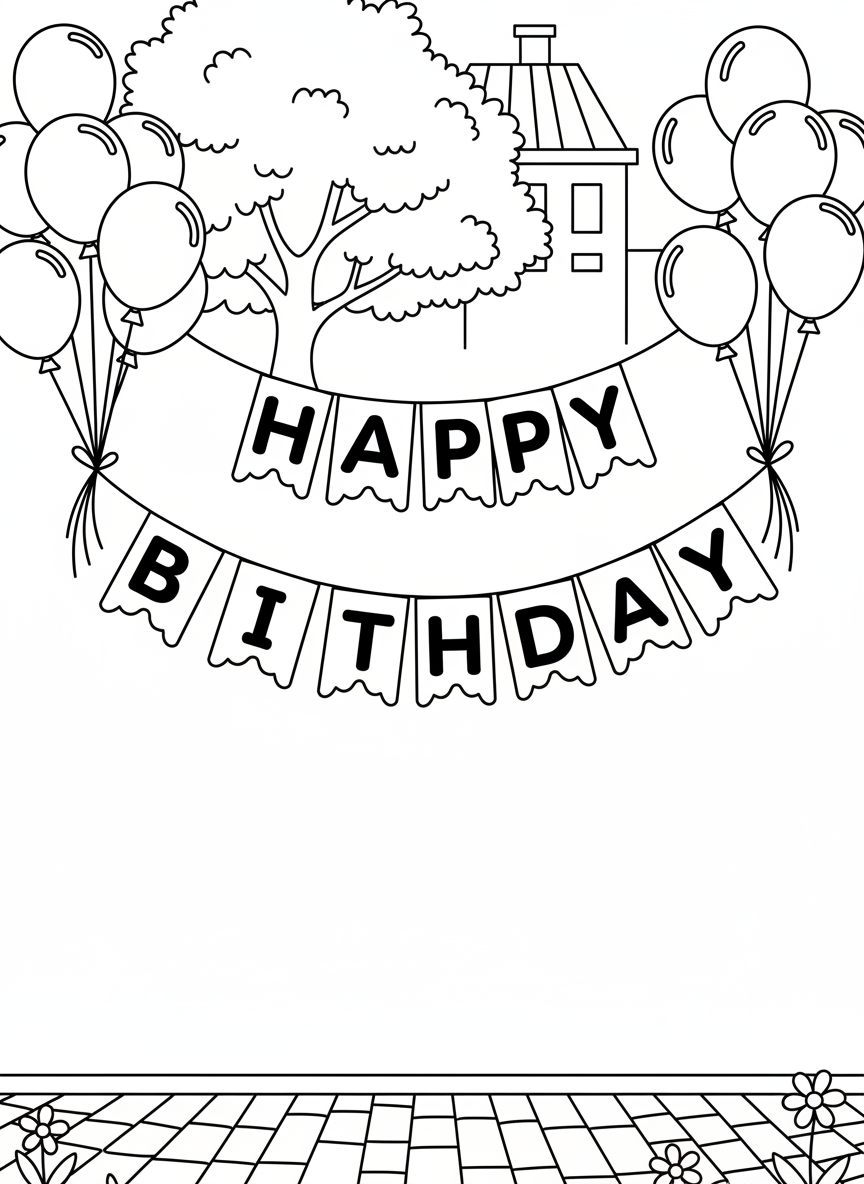 A festive birthday banner hanging with triangular flags spelling out Happy Birthday, with balloons tied to each end.